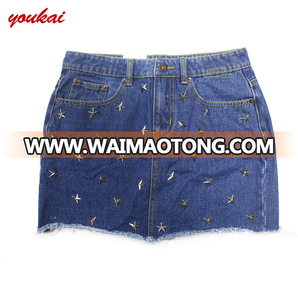 Stock ladies hot sexy rivet design denim short mini skirt