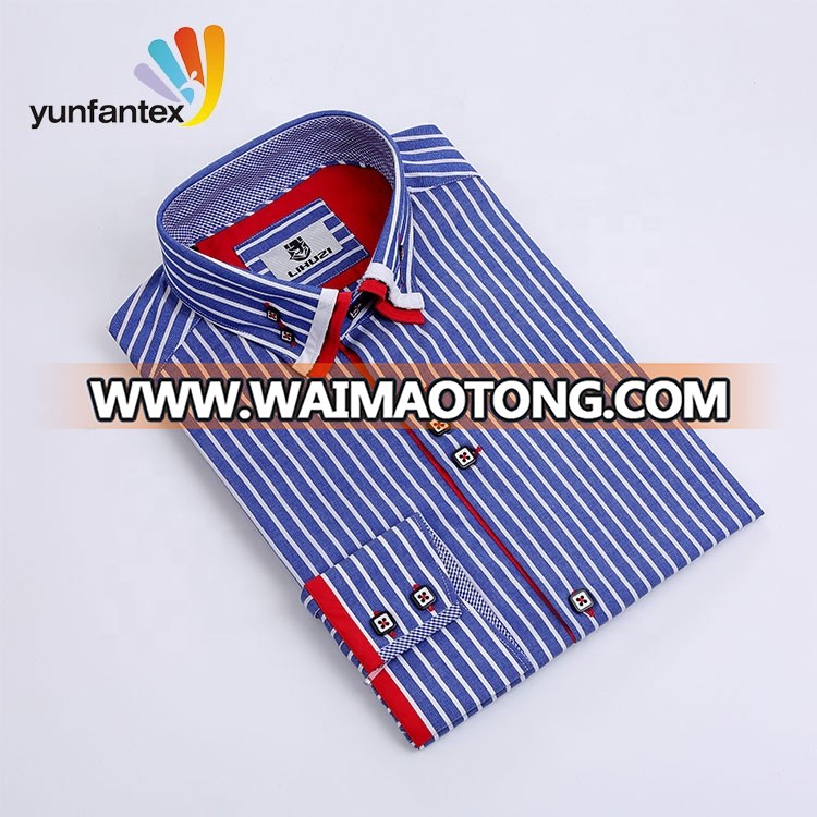 2019 Professional Italy blue stripe contrast color 100 cotton men double collar business shirt